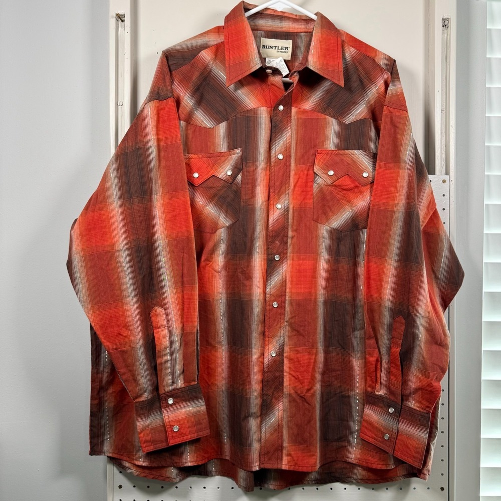VTG Rustler by Wrangler Pearl Snap‎ Shirt Men's Plaid Long Sleeve Western - 2XL